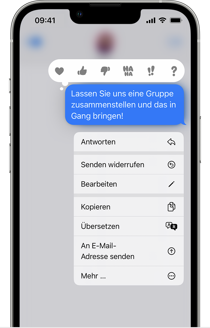 Die Optionen, die angezeigt werden, wenn du eine Nachricht in einer Konversation in Nachrichten gedrückt hältst, umfassen in iOS 16 