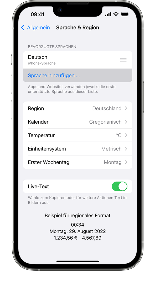 Ein iPhone, in dessen Menü "Sprache & Region" die Option "Sprache hinzufügen" hervorgehoben ist.