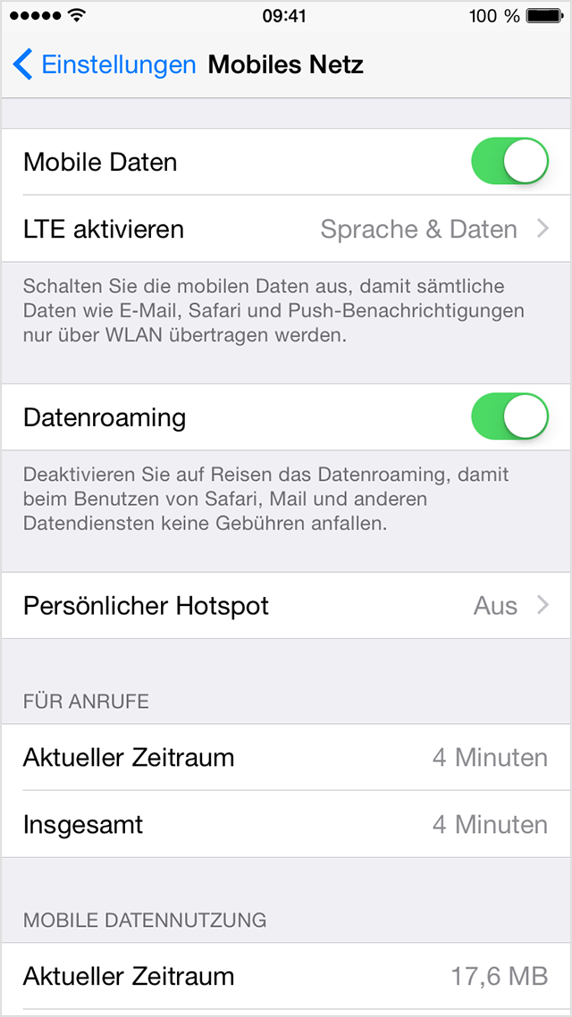 Informationen zu den Einstellungen und zur Nutzung von mobilen Daten auf iPhone und iPad