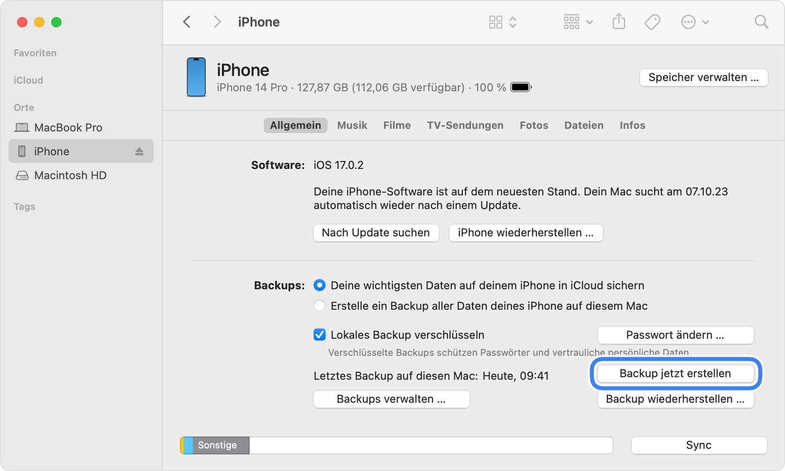So erstellst du mit dem Mac ein Backup deines iPhone, iPad oder iPod touch  - Apple Support (DE)