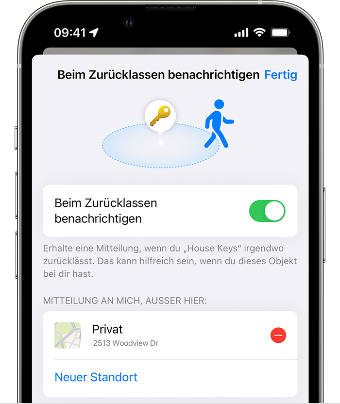 Beim Zurücklassen benachrichtigen" in der App "Wo ist?" einrichten und  verwenden - Apple Support (DE)