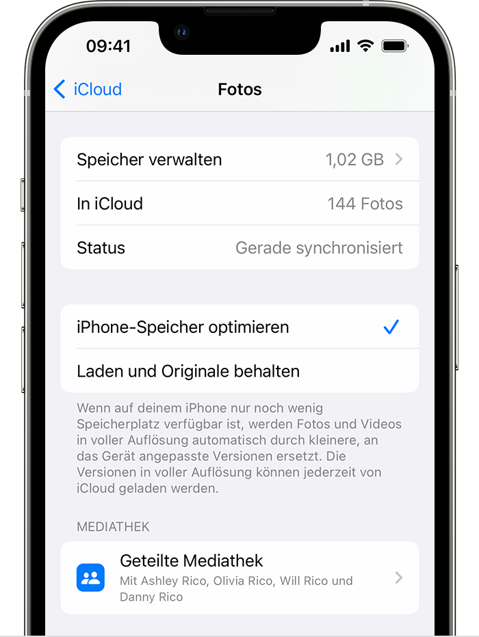 Ein iPhone mit Fotos-Einstellungen für iCloud, einschließlich der Optionen 