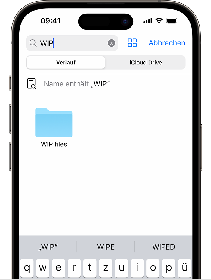Ein Bild der Dateien-App auf dem iPhone, das eine Suche nach "WIP" und ein Ordnersymbol "WIP-Dateien" auf dem Bildschirm unten zeigt. 