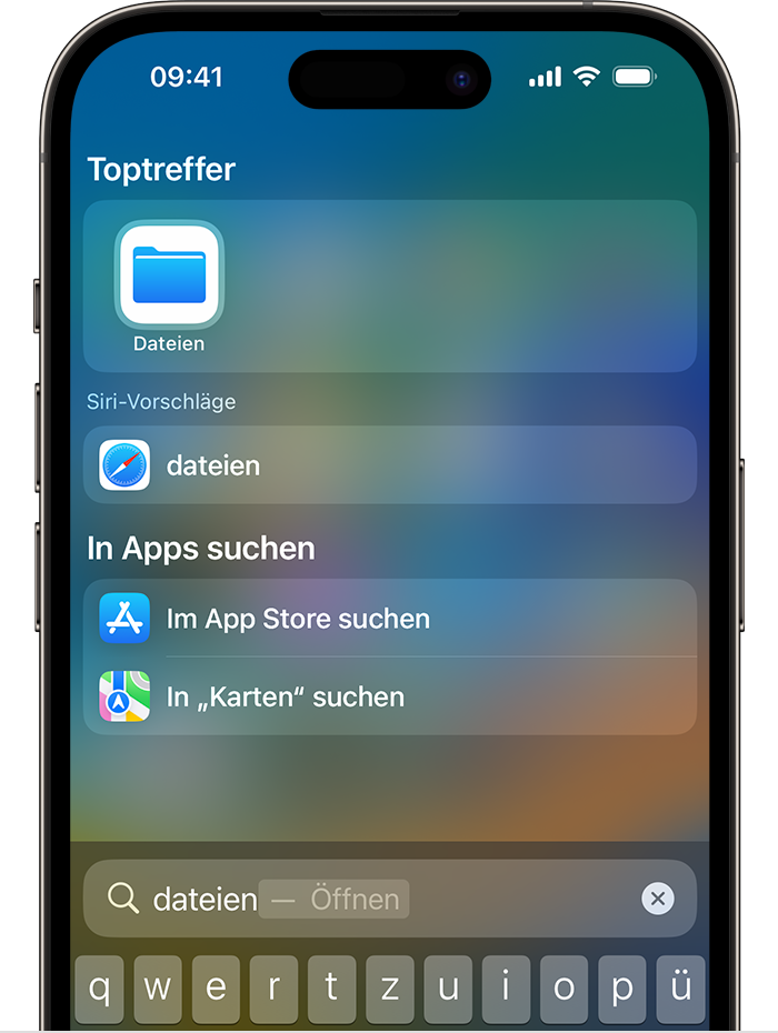Ein Bild der Suche auf einem iPhone. Das Symbol der Dateien-App wird oben auf dem Bildschirm unter "Toptreffer" aufgeführt.