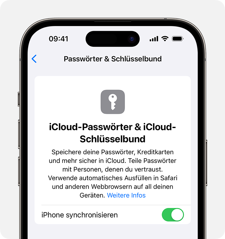 Aktiviere in den iPhone-Einstellungen den iCloud-Schlüsselbund, um Passwörter und andere wichtige Informationen mit deinem iPhone zu synchronisieren.