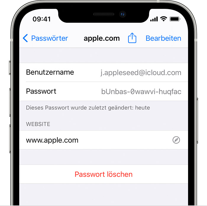 Auf dem iPhone 12 Pro werden die Account-Details für den Apple-Account eines Benutzers inklusive des Benutzernamens und Passworts angezeigt.