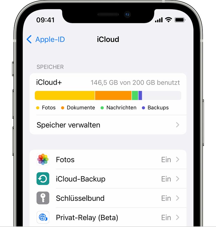 Auswahl von Apps für iCloud auf dem iPhone