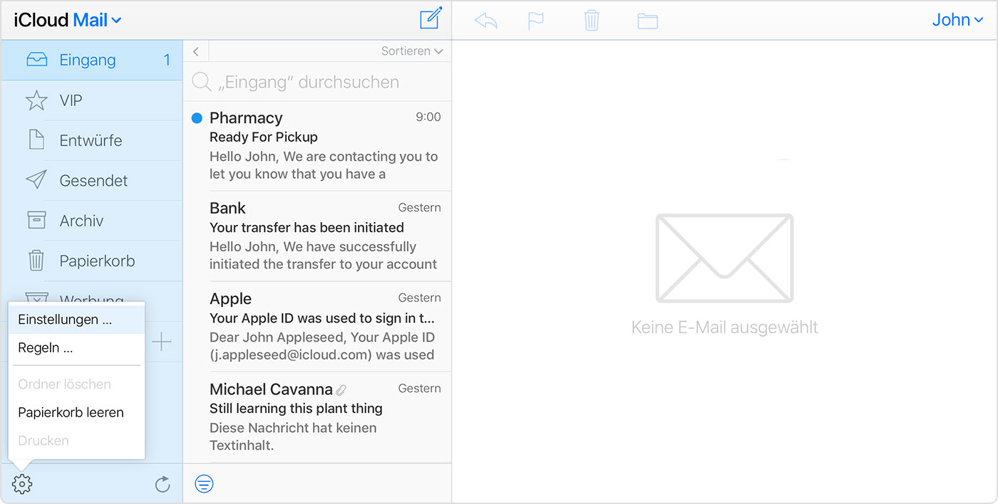 Ein Fenster in iCloud Mail mit hervorgehobenen Einstellungen im Menü, das beim Klicken auf das Zahnradsymbol angezeigt wird.