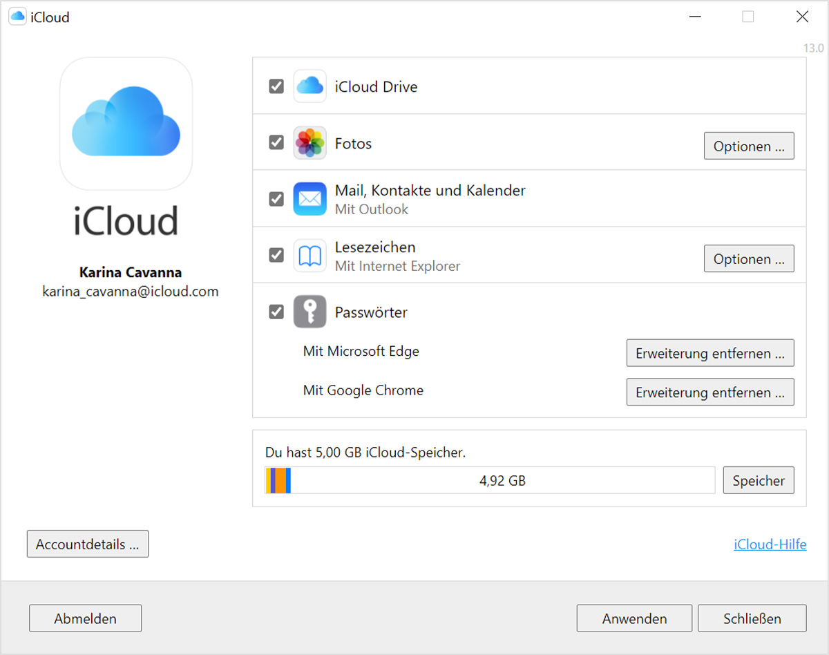 Bildschirmfoto von iCloud für Windows mit ausgewähltem iCloud Drive.
