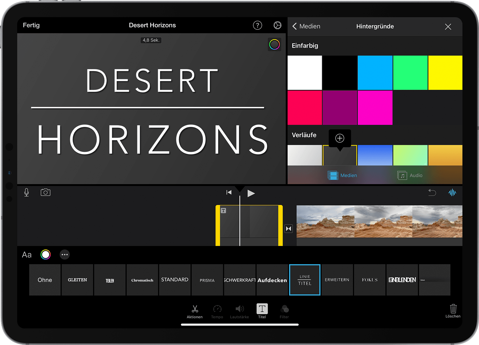iMovie-Projekt mit Hintergrund und geöffneten Titelinformationen auf dem iPad