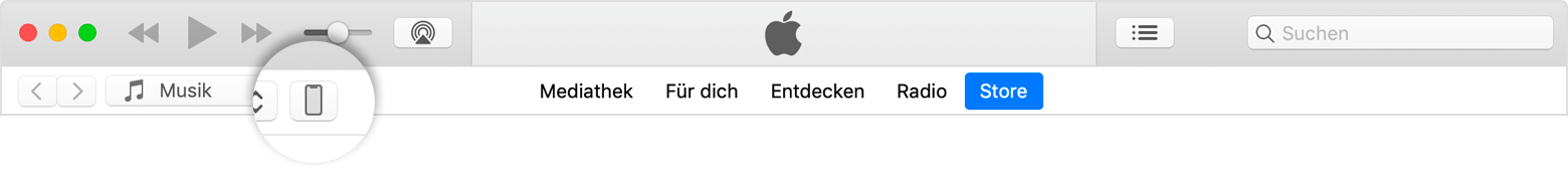 Das Gerätesymbol oben links im iTunes-Fenster.