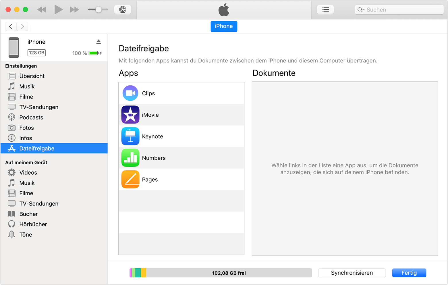 iTunes-Fenster mit verbundenem iPhone und in der Liste ausgewählter Dateifreigabe.