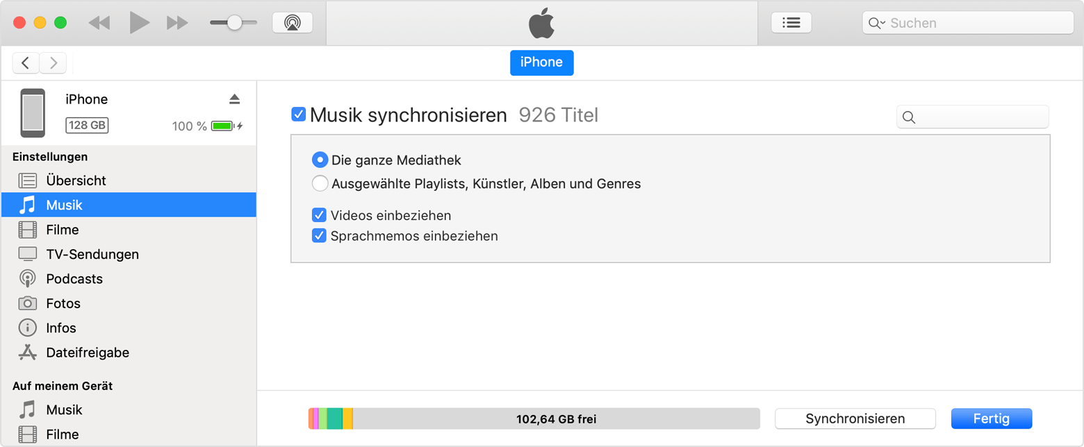 Dein iPhone, iPad oder deinen iPod mithilfe von iTunes mit deinem Computer  synchronisieren - Apple Support (CH)