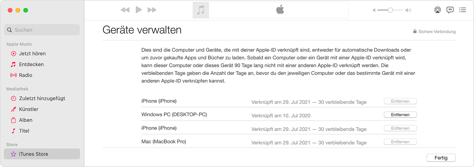 Geräte anzeigen und entfernen, die mit Käufen über die Apple-ID verknüpft  sind - Apple Support (DE)