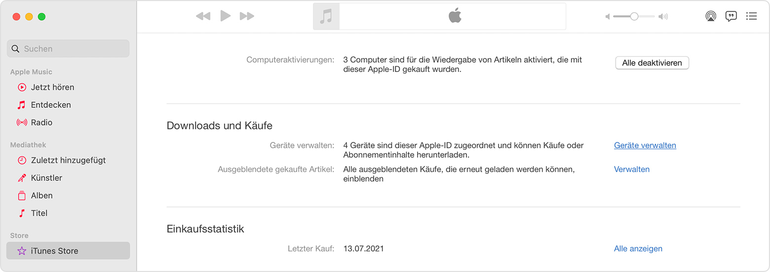 Mac mit der Option "Geräte verwalten" in den Downloads und Käufen.