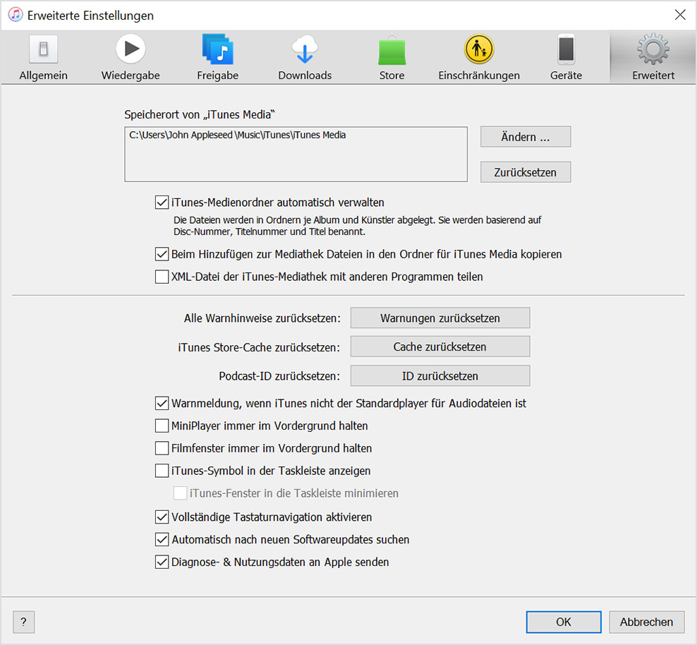 Bildschirm mit erweiterten Einstellungen, der den Speicherort des Ordners "iTunes Media" anzeigt