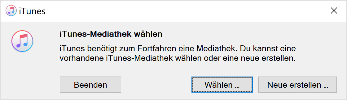 iTunes-Hinweis, der zeigt, dass "Mediathek auswählen" ausgewählt ist