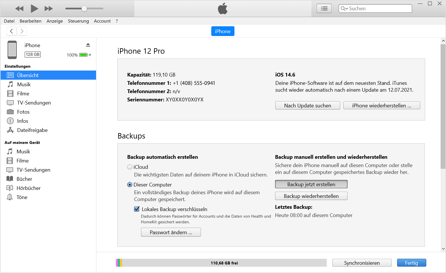 iTunes-Fenster, das den Tab "Übersicht" mit aktivierter Schaltfläche "Backup jetzt erstellen" zeigt.