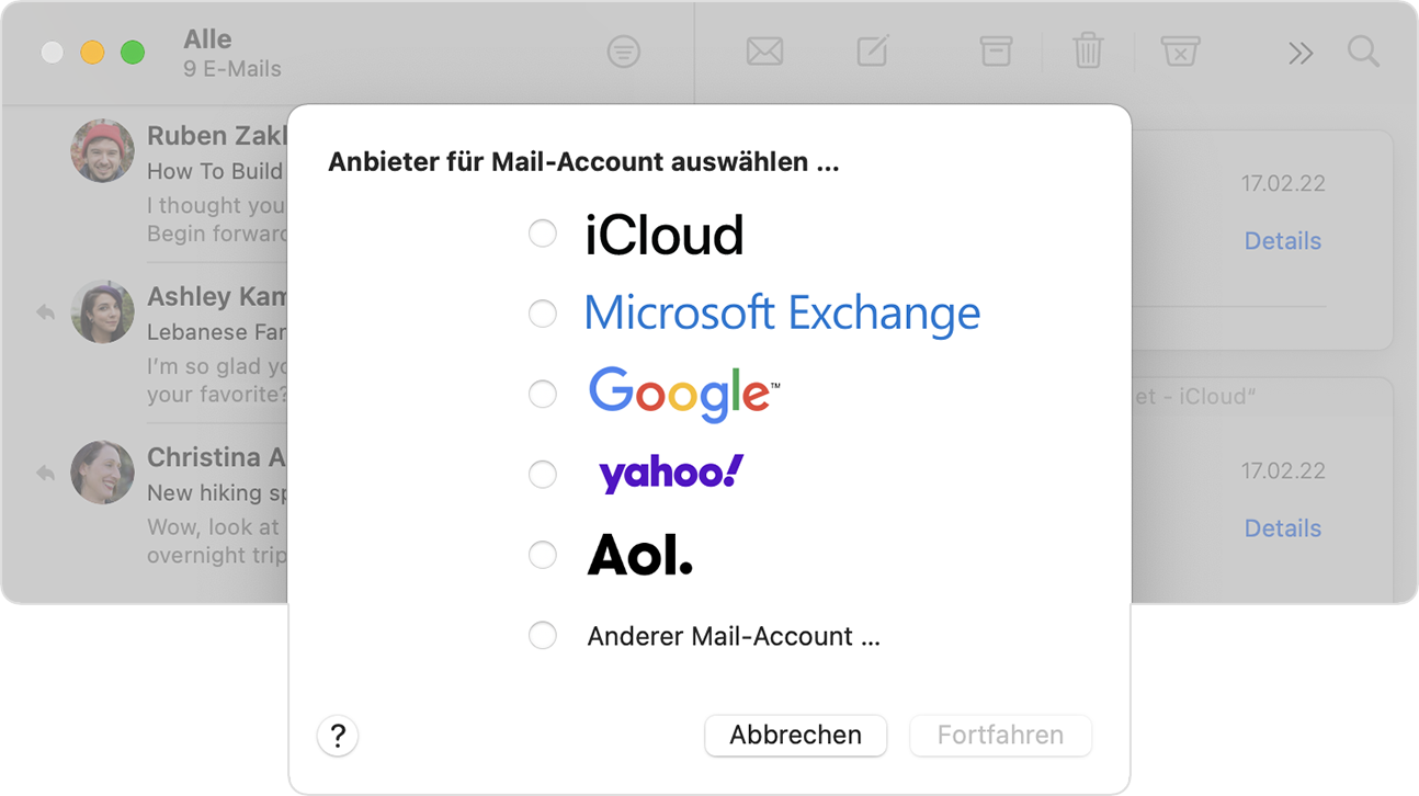 Anbieteroptionen für einen Mail-Account wählen