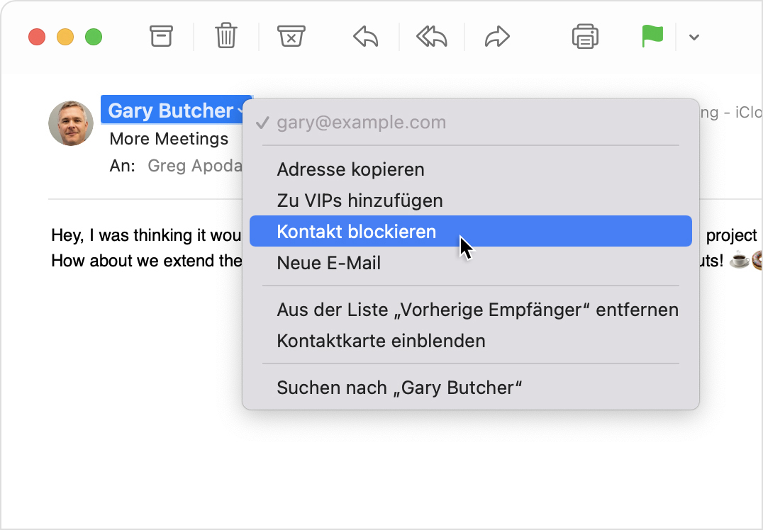 Absender-Menü in macOS Mail mit ausgewählter Option zum Blockieren des Kontakts