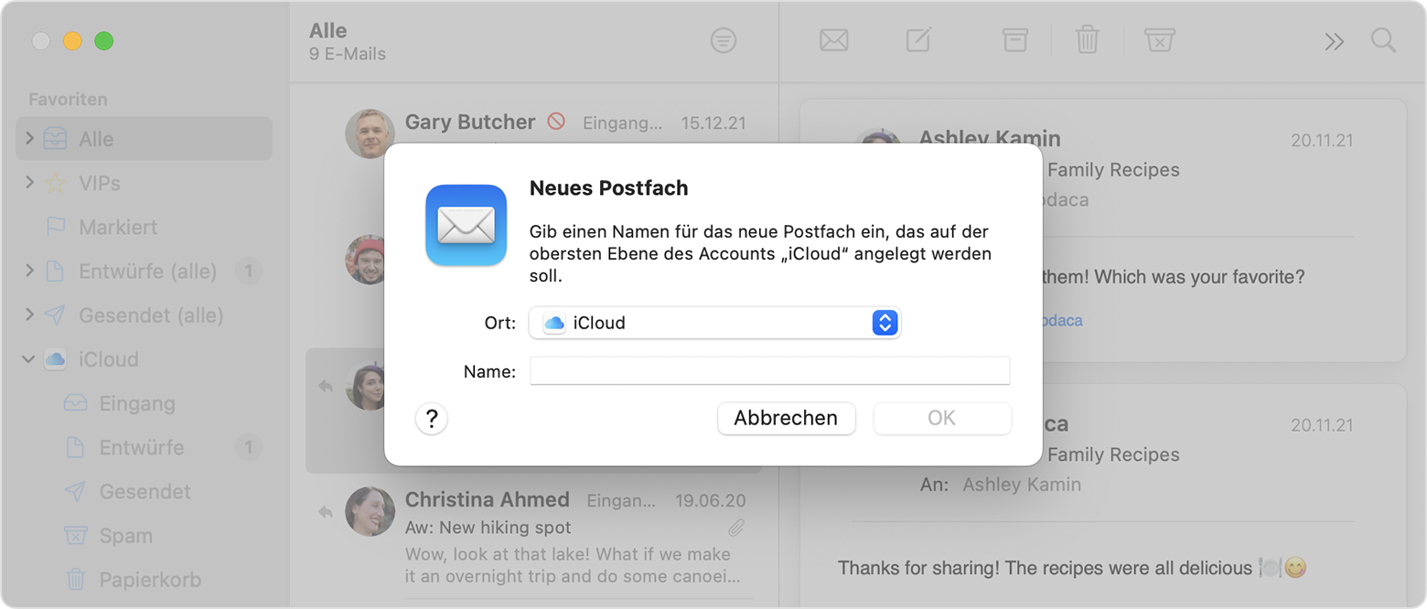 Optionen für ein neues Postfach in macOS Mail