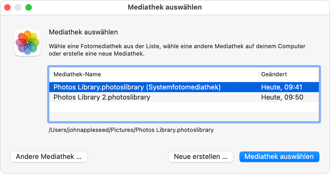 Mediatheksauswahlfenster der Fotos-App in macOS
