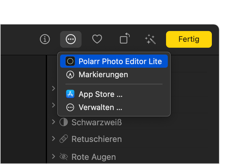 Fotos-App auf dem Mac mit ausgewählter Drittanbietererweiterung