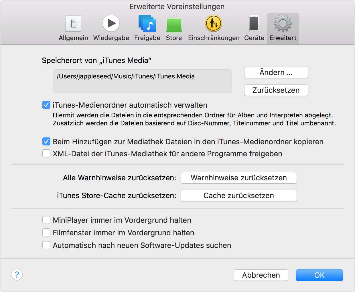 iTunes – Erweiterte Einstellungen