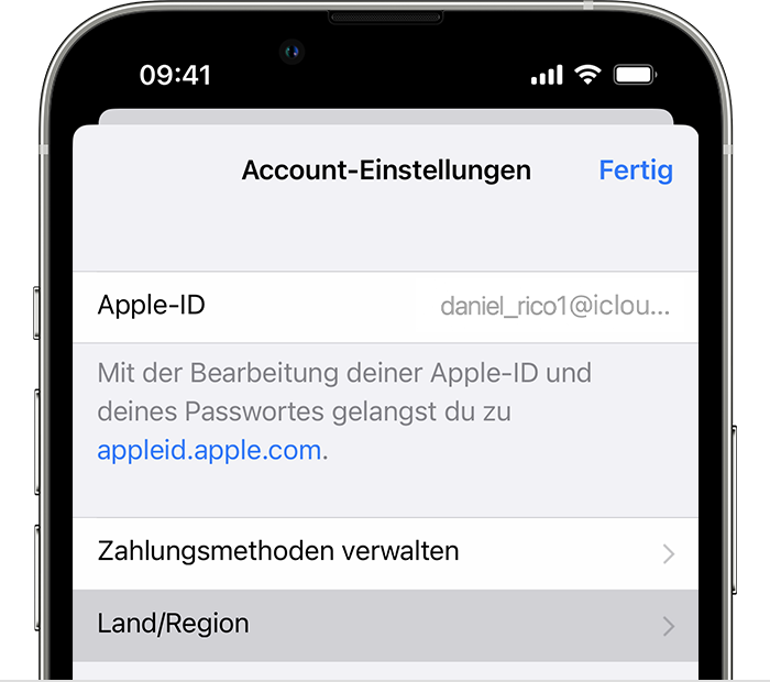 iPhone mit Land/Region in den Accounteinstellungen.