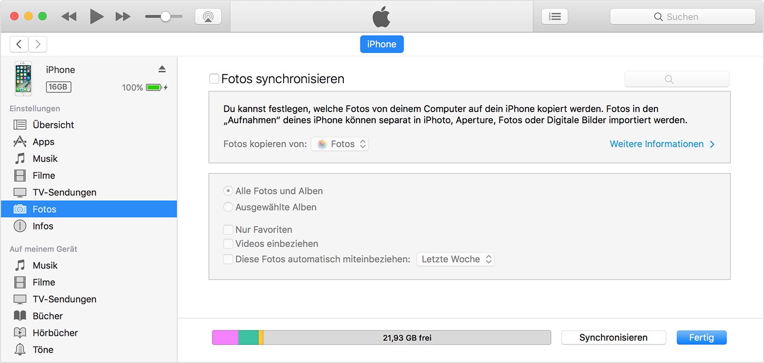 iTunes synchronisiert Bilder nicht. Fehle… - Apple Community