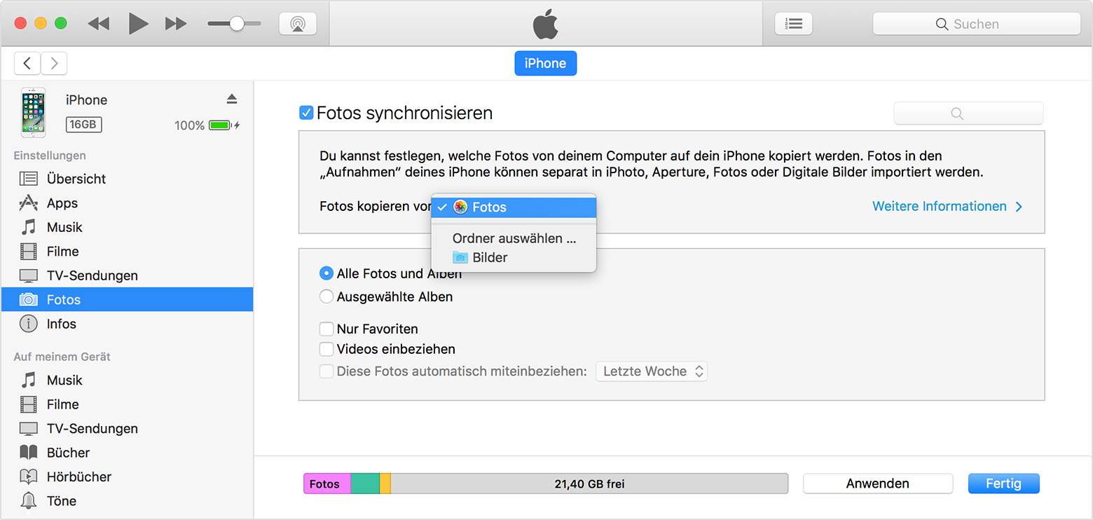iTunes synchronisiert Bilder nicht. Fehle… - Apple Community