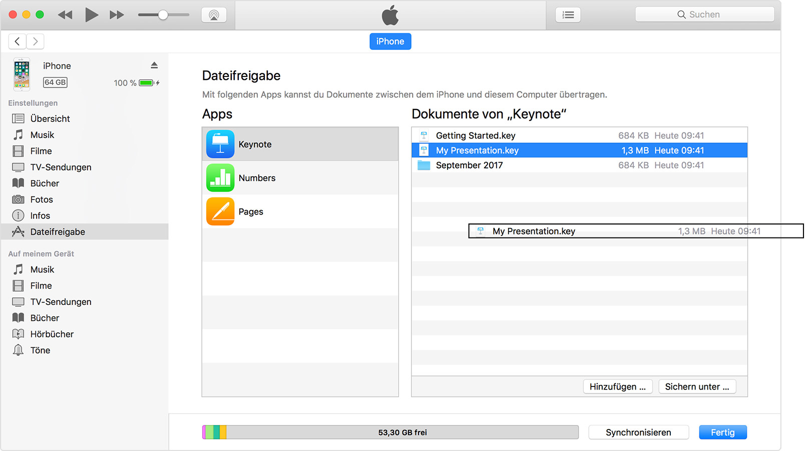 Informationen zur Dateifreigabe auf dem iPhone,