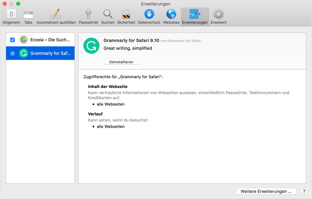 Installieren von Safari-Erweiterungen auf deinem Mac - Apple Support (CH)