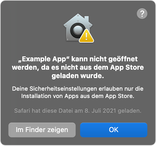 macOS-Warnfenster: Die App kann nicht geöffnet werden, da sie nicht aus dem App Store heruntergeladen wurde.