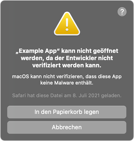macOS-Warnfenster: Die App kann nicht geöffnet werden, da der Entwickler nicht überprüft werden kann.