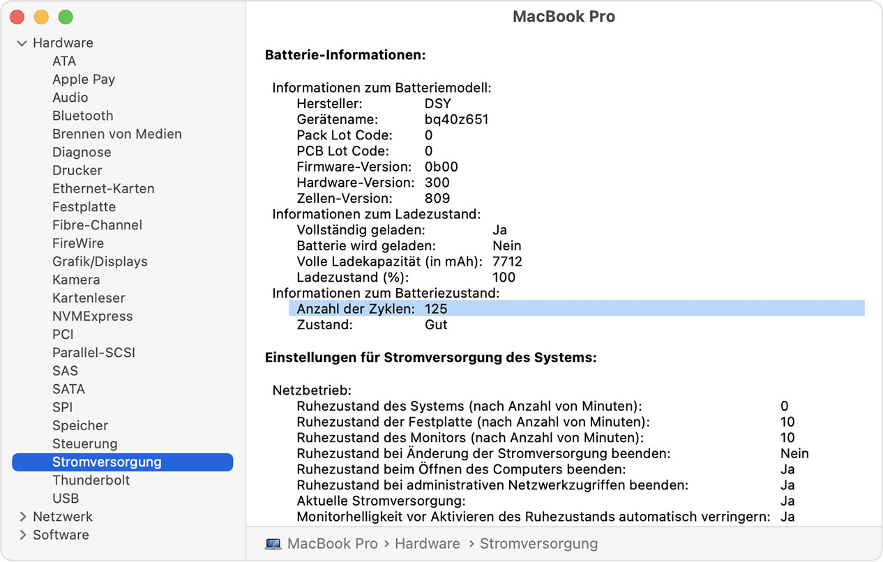 Fenster der MacBook Pro-Systeminformationen mit hervorgehobener Batteriezykluszahl