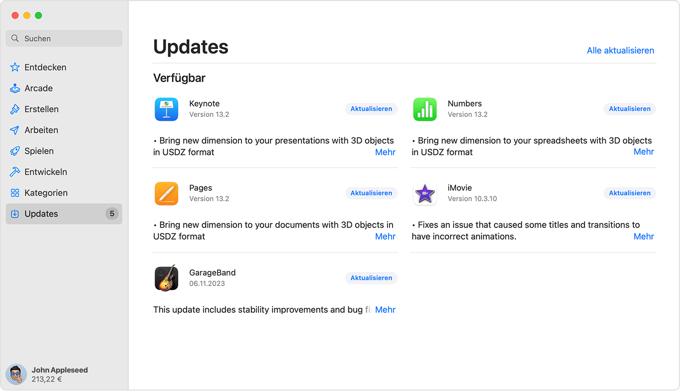 Mac, auf dem die Updates-Seite im App Store angezeigt wird.