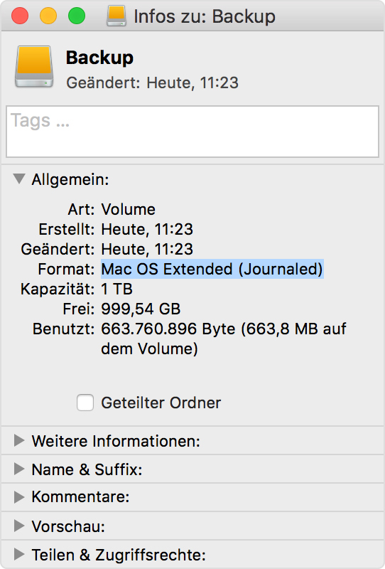 Auswahl zwischen APFS und Mac OS Extended bei der Formatierung eines Laufwerks für Mac Apple
