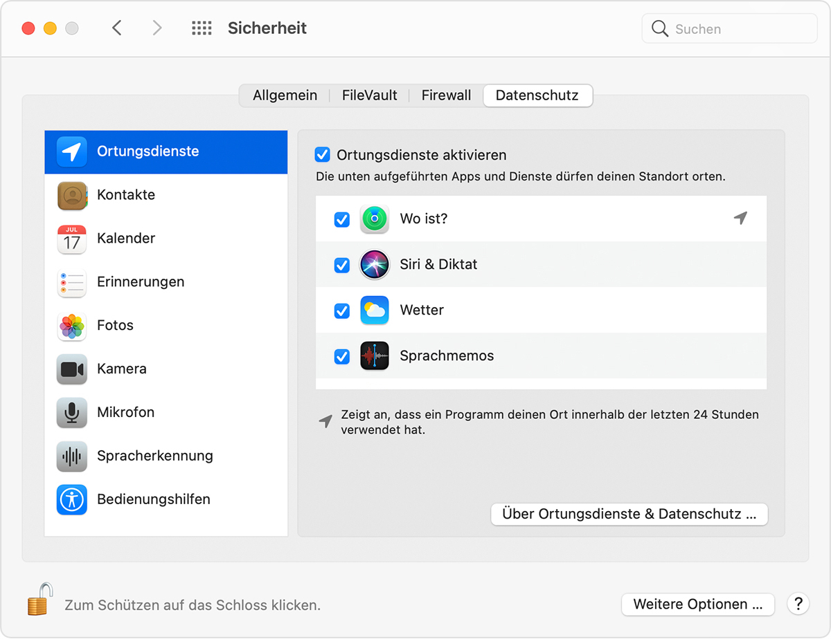 Mac-Fenster mit Optionen der Ortungsdienste, darunter Optionen für App-spezifische Einstellungen