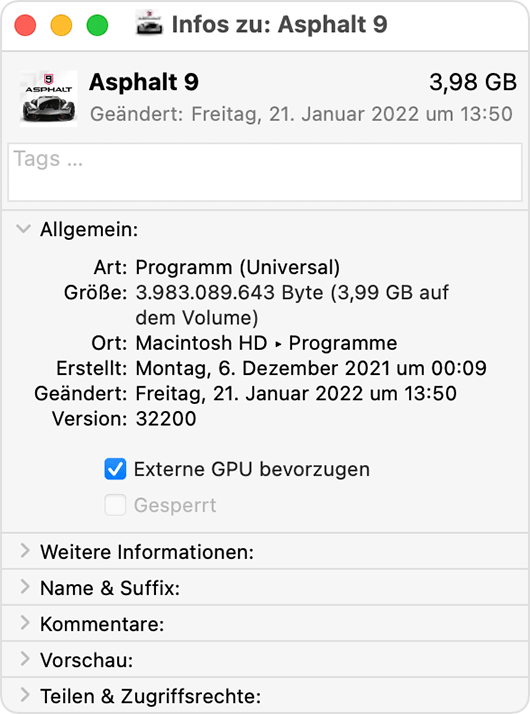 Infofenster der Mac-App mit aktivierter Option 