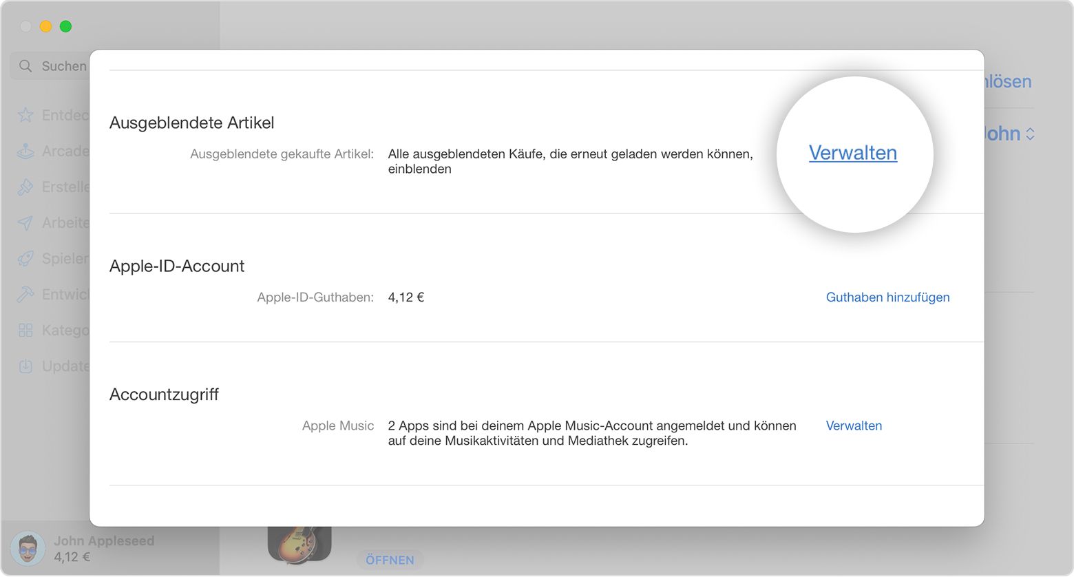 App Store auf dem Mac mit dem Bereich "Ausgeblendete Artikel" der Seite mit den Accountinformationen. Die Taste "Verwalten" ist im Bild hervorgehoben.
