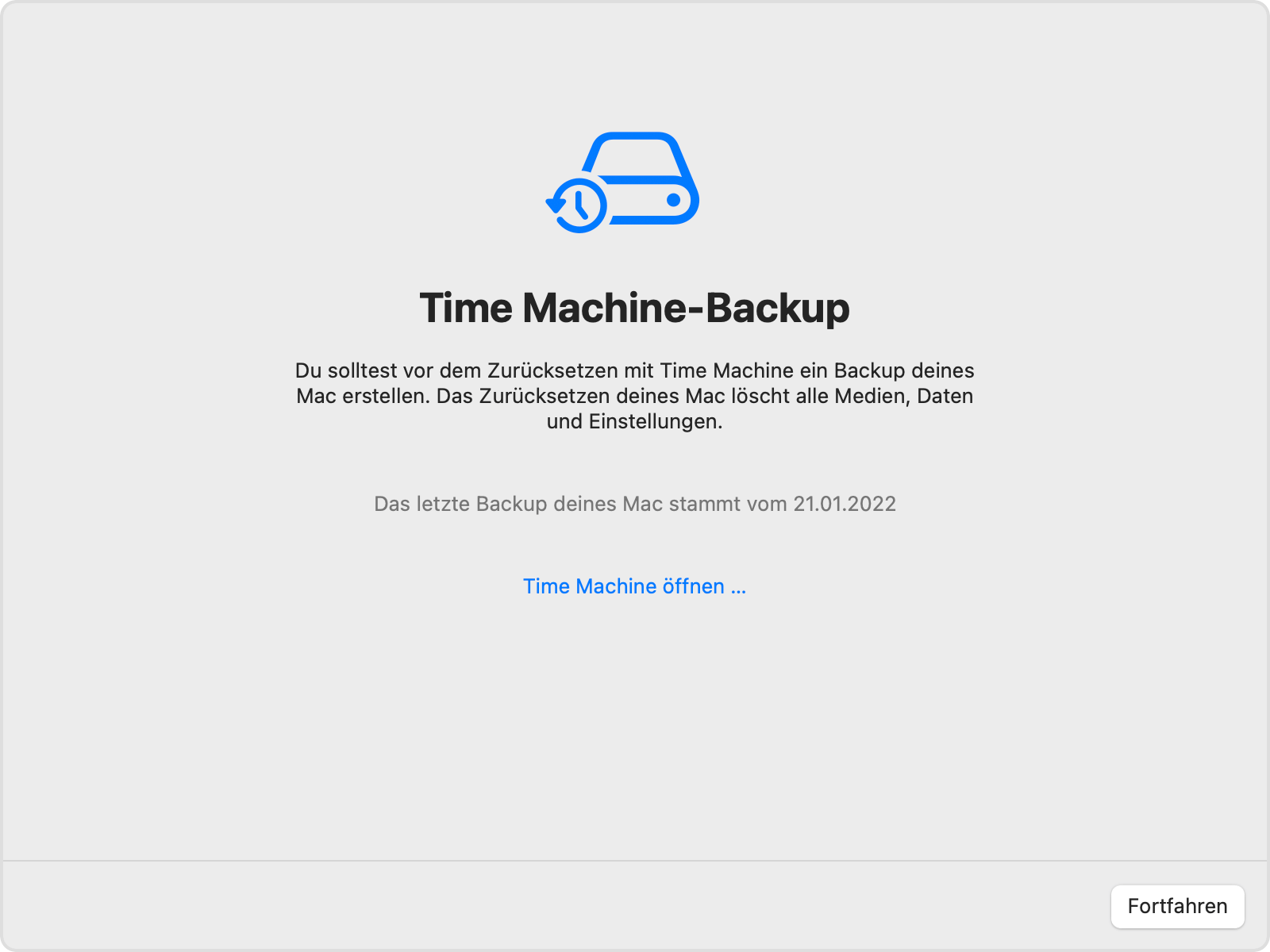 macOS-Fenster "Alle Inhalte und Einstellungen löschen" in Time Machine-Backup
