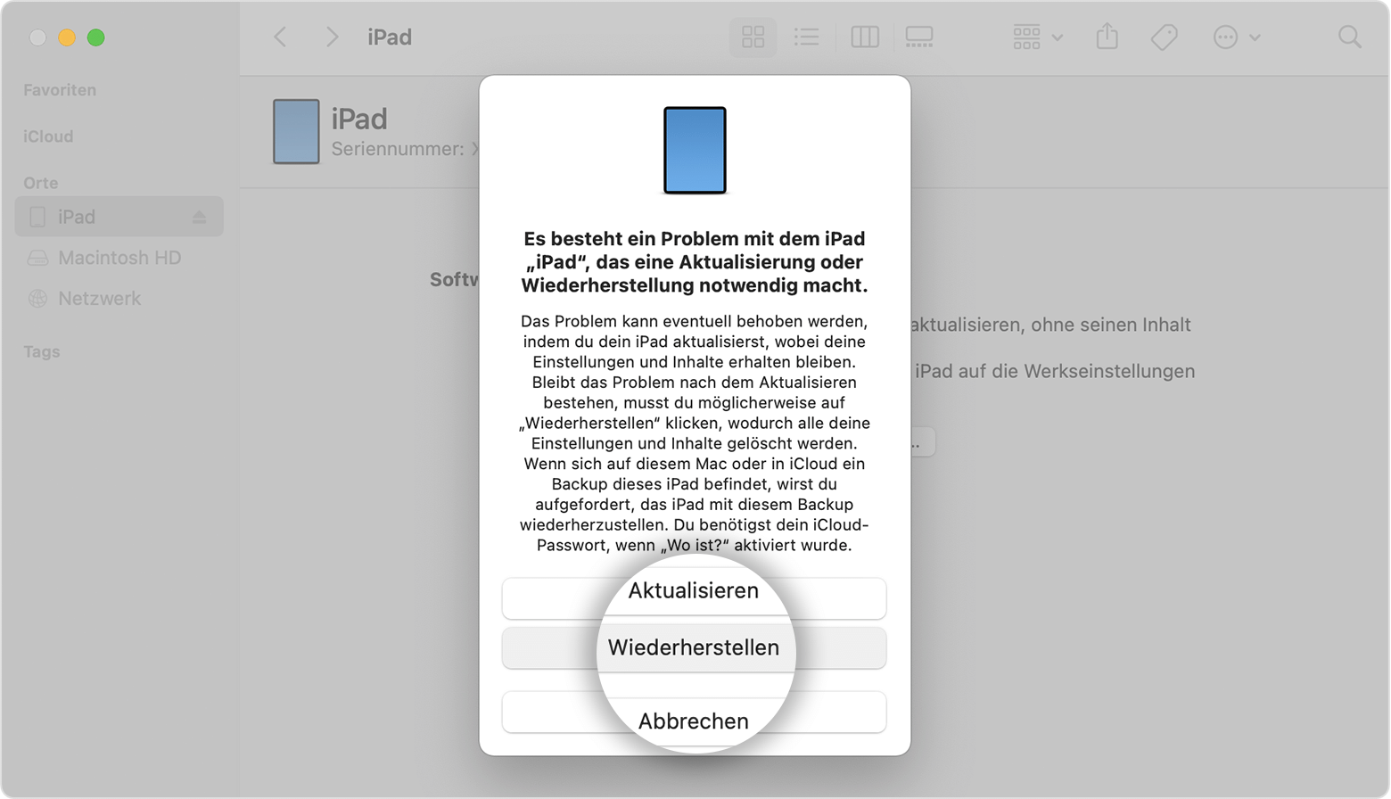 iPad-Bildschirm mit der Taste "Wiederherstellen"