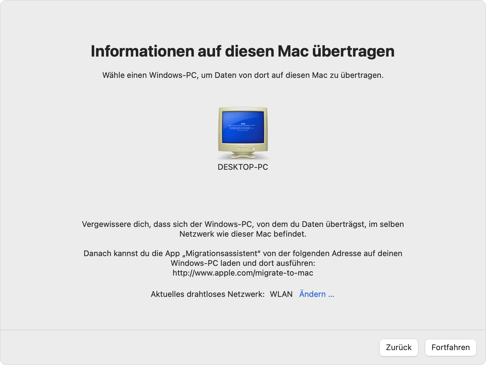 Übertragung des Migrationsassistenten auf diesen Mac
