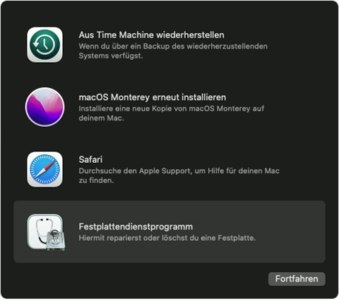 Wiederherstellungsoptionen für macOS mit ausgewähltem Festplattendienstprogramm