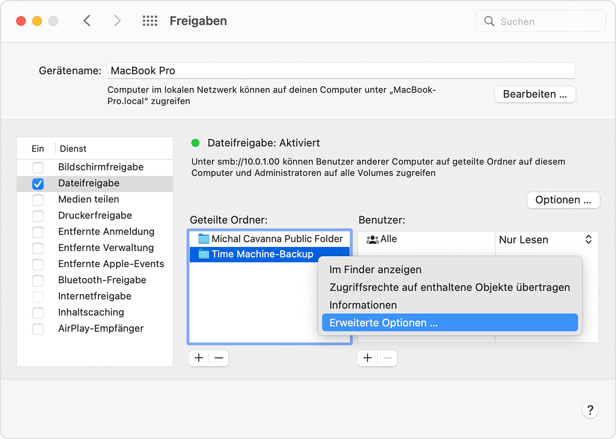 Optionen für freigegebene Ordner in den Freigabe-Systemeinstellungen in macOS