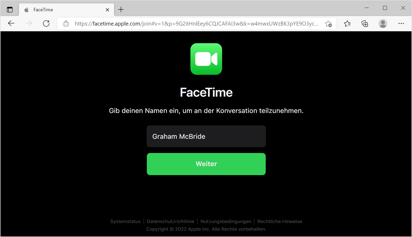 FaceTime-Browserfenster mit dem Fenster zur Namenseingabe