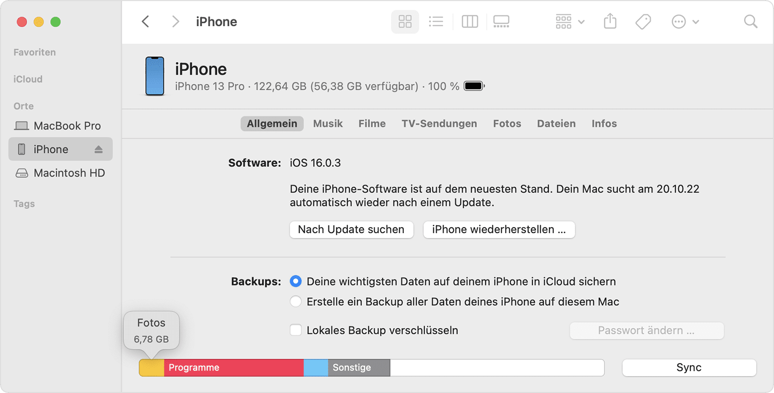 Mac-Display, der zeigt, wie du den Finder verwendest, um den Speicherplatz auf deinem iOS-Gerät zu überprüfen