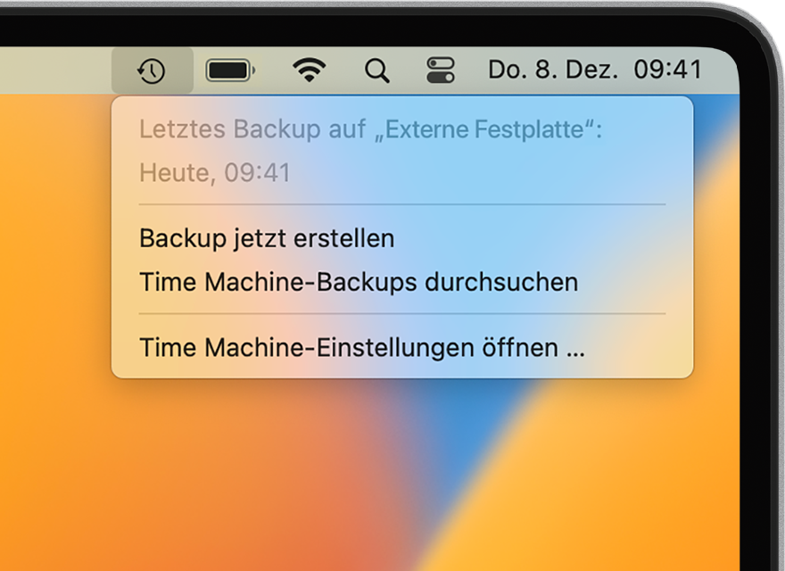 Time Machine-Menü mit Details zum letzten Backup