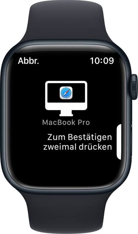 Apple Watch-Bildschirm mit einer Meldung, die den Benutzer auffordert, zum Genehmigen einen Doppelklick auszuführen